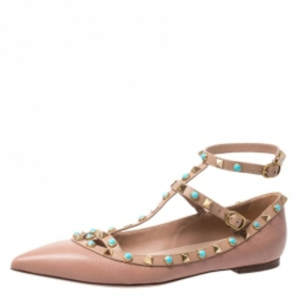 Valentino Beige Leather T Strap Rockstud Ballet Flats Size 40